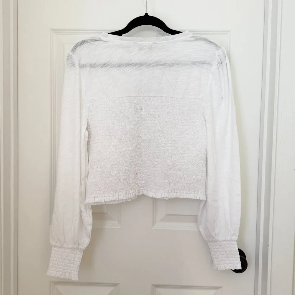 Boden Womens White Smocked Bodice Cotton Puff Sleeve Cropped Top Size 10
